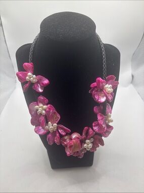 Artisan Handcrafted Pink Flower Necklace w/Freshwater Pearl Centers beachy boho